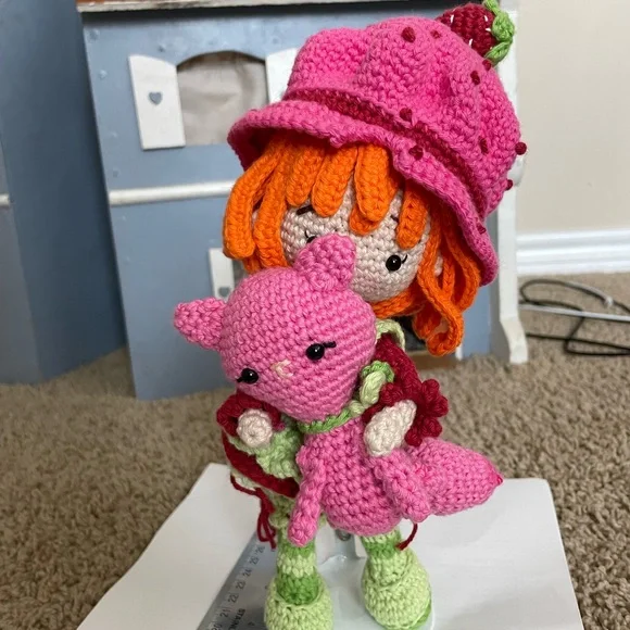 Handmade, Crocheted Strawberry Shortcake Doll with Custard the Cat - Picture 2 of 10